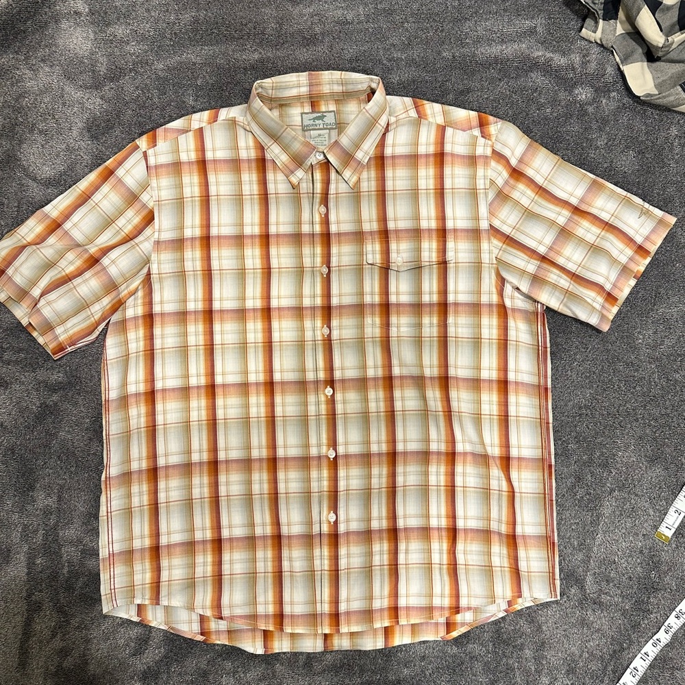 Horny Toad (now Toad & Co.) short sleeve orange plaid shirt.
